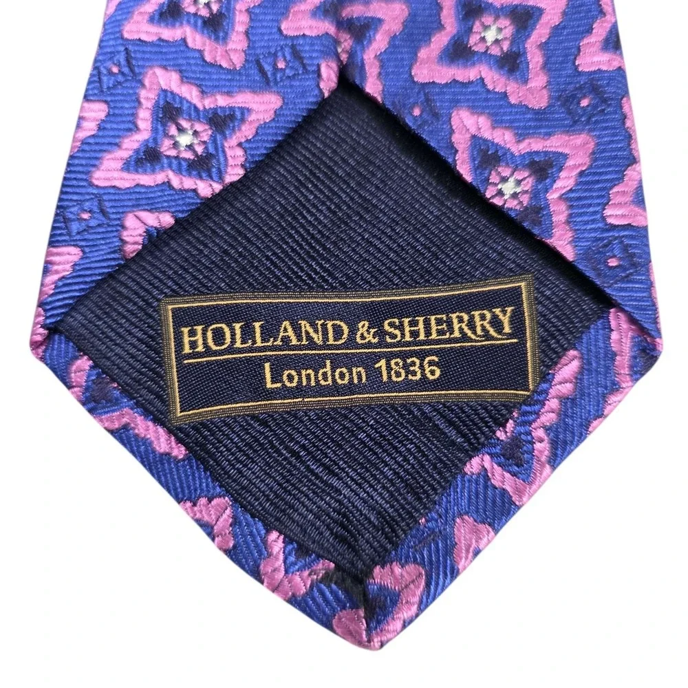 HOLLAND & SHERRY Silk Geometric Pattern Necktie Blue Pink Luxury Formal Men's‎